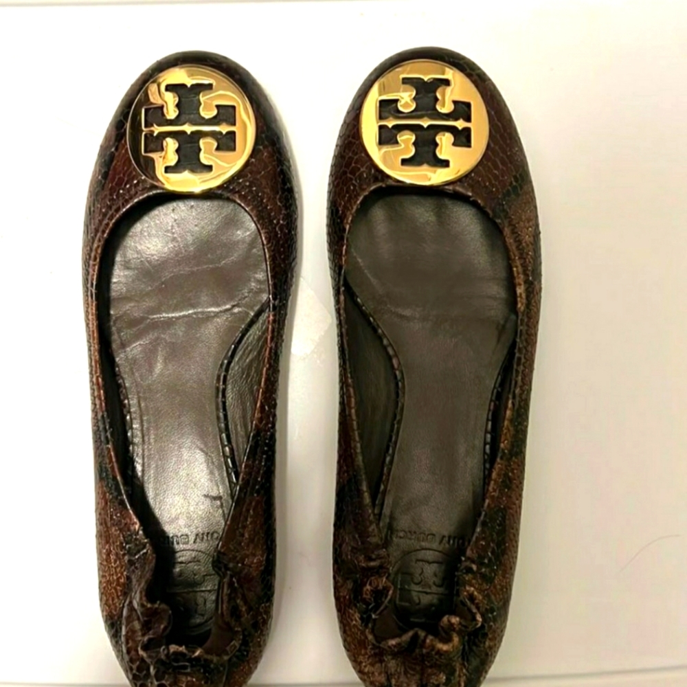 Tory Burch Black & Brown Snakeskin Ballet Flats Shoes Size 7.5
